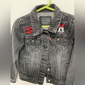 Little girl Levi Black Denim jacket size 4t with Minnie Mouse patches front back